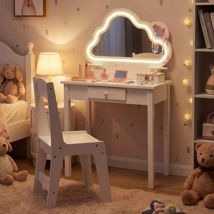 Vaikiškas praustuvo komplektas su LED debesies veidrodžiu ir taburete, baltas