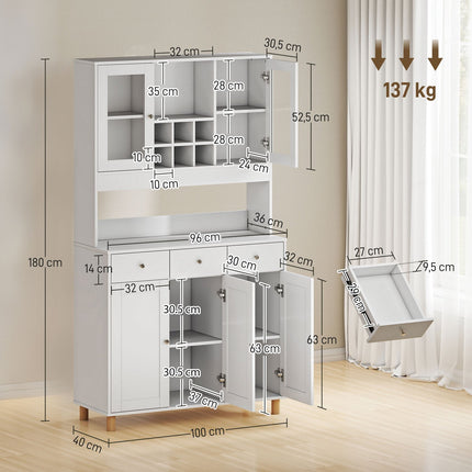 Virtuvės spintelė, 180 cm, stiklinės durys, reguliuojamos lentynos, balta