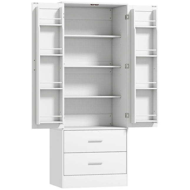 Virtuvės spintelė, reguliuojamos lentynos, 2 stalčiai, balta MDF