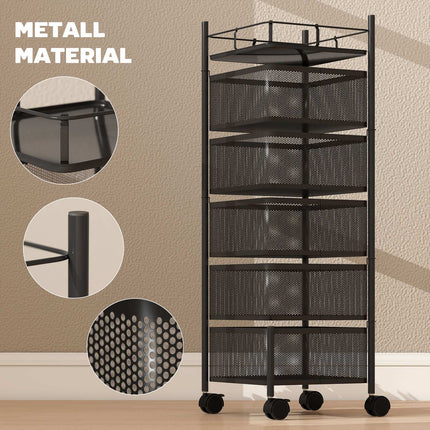 Virtuvės vežimėlis, 5 besisukantys krepšeliai, metalinis rėmas, juodas