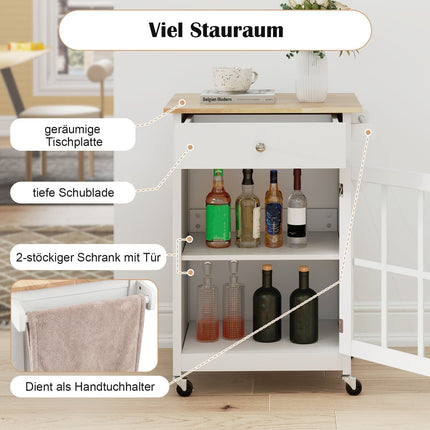 Virtuvės salos vežimėlis su mediniu stalviršiu ir stiklinėmis durelėmis