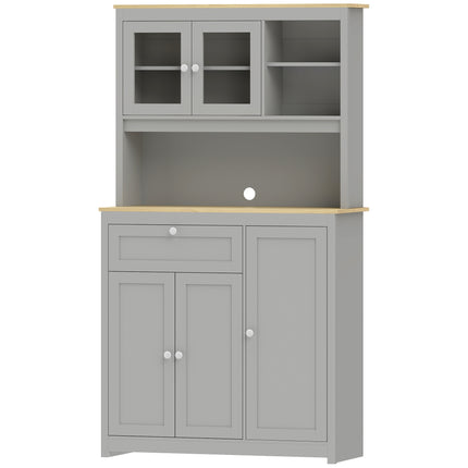 Kitchen Pantry Cabinet 180 cm with Glass Doors and Worktop, Grey, Cable Opening