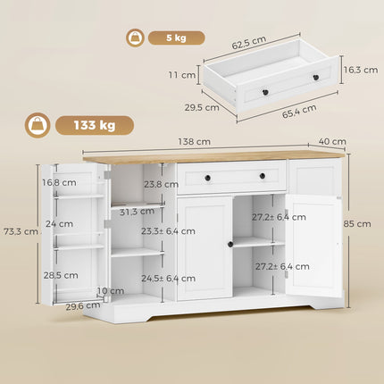 Virtuvės spintelė su stalčiumi, 4 durelėmis, 138 cm, balta