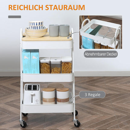 3-level metal kitchen trolley with large storage, white