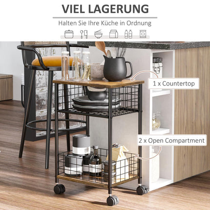 Rustic brown kitchen trolley, 2 storage baskets, swivel wheels