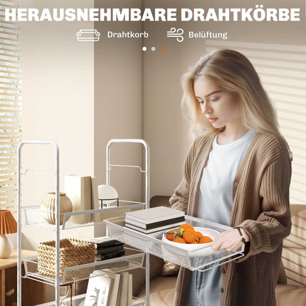 Virtuvės įrankių vežimėlis, 5 pakopų plieninis, baltas, su ratukais