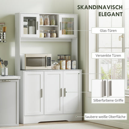 Virtuvės spintelė, skandinaviško dizaino, 4 spintelės, reguliuojamos lentynos, stiklinės durys, atvira erdvė, medžio drožlių plokštė, MDF, balta
