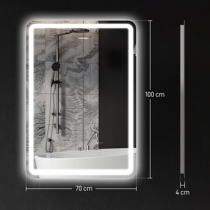 LED Bathroom Mirror 70 x 100 cm with Anti-Fog, Touch Control, Dimmable, Silver
