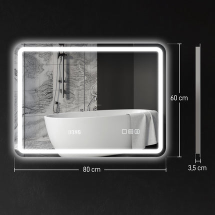 LED Bathroom Mirror 80 x 60 cm with Anti-Fog Pad, Bluetooth, Clock, Silver