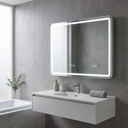 LED Bathroom Mirror 80 x 60 cm with Anti-Fog Pad, Bluetooth, Clock, Silver