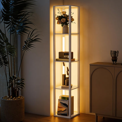 LED Floor Lamp with 4 Shelves, Dimmable, 3 Brightness Levels, Foot Switch, White