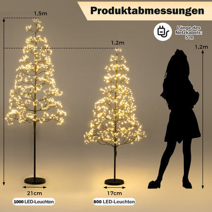 LED šviesų medis 150 cm, 1000 šiltai baltos spalvos, cemento stovas