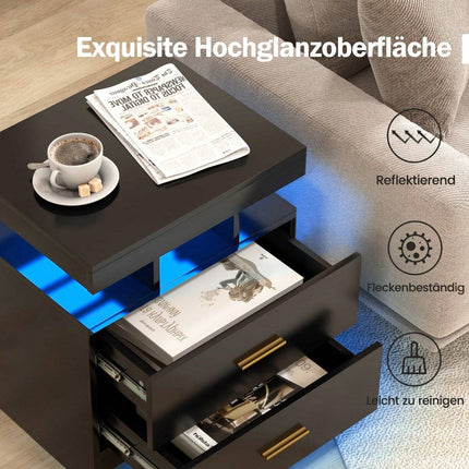 LED Nightstand with 2 Drawers, High Gloss, Black, 50x40x58 cm