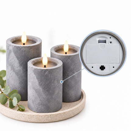 LED Pillar Candles Set of 3 with 6-Hour Timer, Concrete Effect, Grey