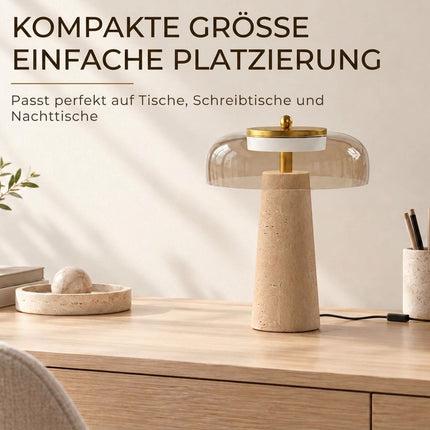 LED Table Lamp with Travertine Base and Tinted Glass Shade, 3000K, Amber