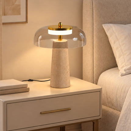 LED Table Lamp with Travertine Base and Tinted Glass Shade, 3000K, Amber