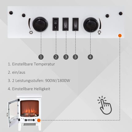 LED elektrinis židinys, laisvai pastatomas su liepsnos efektu, 900/1800 W, metalas ir ABS plastikas, baltos spalvos, 39 x 26 x 54,8 cm, jaukiai atmosferai