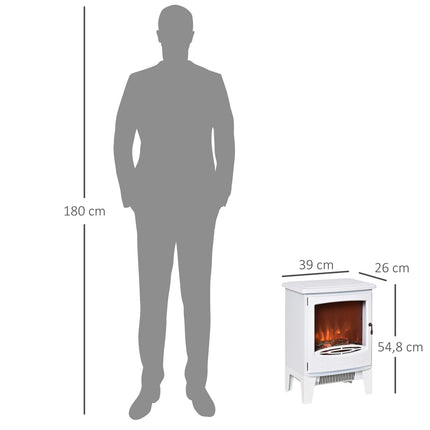 LED elektrinis židinys, laisvai pastatomas su liepsnos efektu, 900/1800 W, metalas ir ABS plastikas, baltos spalvos, 39 x 26 x 54,8 cm, jaukiai atmosferai