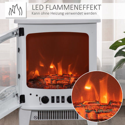LED elektrinis židinys, laisvai pastatomas su liepsnos efektu, 900/1800 W, metalas ir ABS plastikas, baltos spalvos, 39 x 26 x 54,8 cm, jaukiai atmosferai