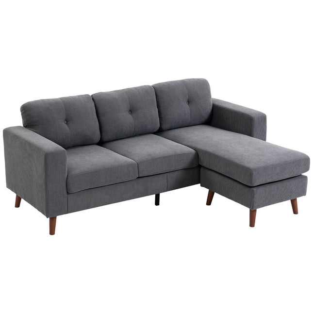 L formos trivietė sofa su dvipusiu šezlongu, tamsiai pilka