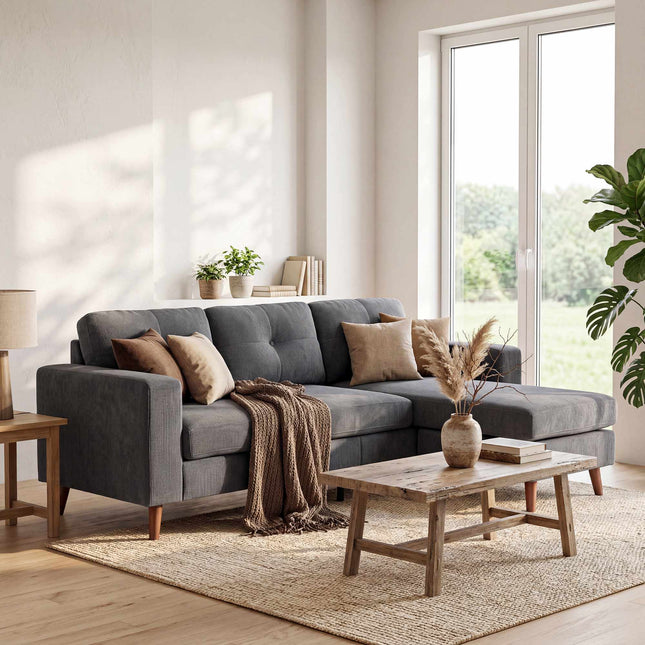 L formos trivietė sofa su dvipusiu šezlongu, tamsiai pilka