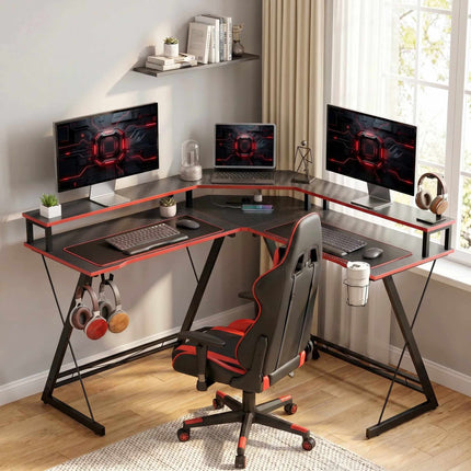 L formos kompiuterio stalas, 128 cm, su AC/USB lizdais ir monitoriaus stovu