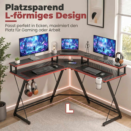 L formos kompiuterio stalas, 128 cm, su AC/USB lizdais ir monitoriaus stovu