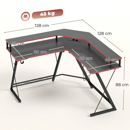 L formos kompiuterio stalas, 128 cm, su AC/USB lizdais ir monitoriaus stovu