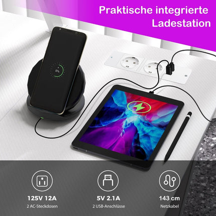 L formos žaidimų stalas su maitinimo lizdais ir USB prievadais