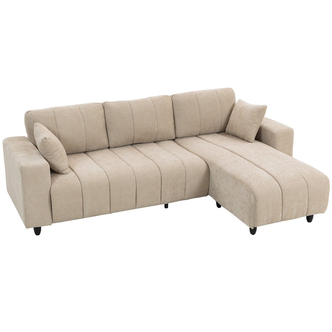 L formos sekcijinė sofa, smėlio spalvos, 3 vietų su šezlongu ir pagalvėlėmis