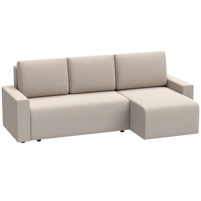 L formos miegamoji sofa su daiktadėže, dvipusis šezlongas – smėlio spalvos