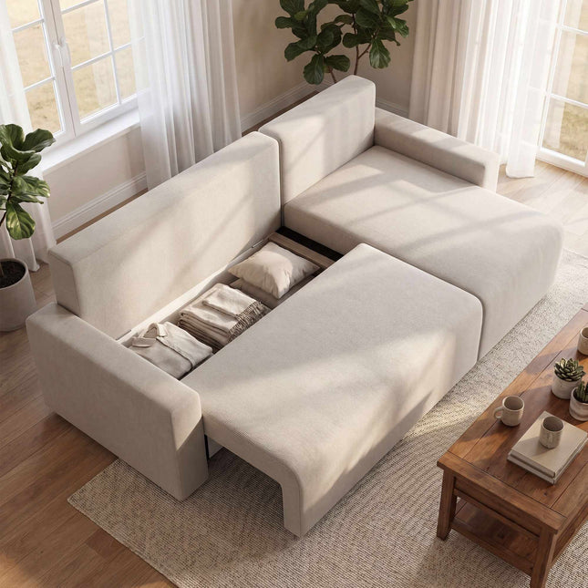 L formos miegamoji sofa su daiktadėže, dvipusis šezlongas – smėlio spalvos
