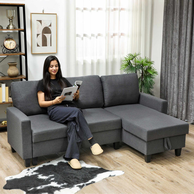 L formos sofa-lova su daiktadėže, dvipusė sofa, pilka