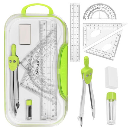 Didelis 7 dalių mokyklinės geometrijos rinkinys su skriestuvu