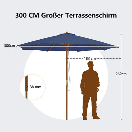 Didelis mėlynas medinis kiemo skėtis, 300 cm, ventiliuojamas, reguliuojamas