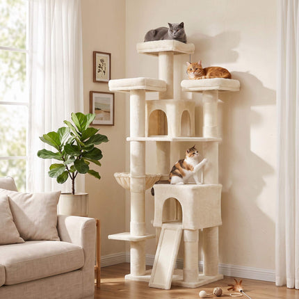 Large Cat Tree 184 cm with 5 Levels and Scratching Posts, 2 Caves, Beige
