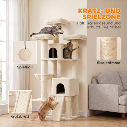 Large Cat Tree 184 cm with 5 Levels and Scratching Posts, 2 Caves, Beige