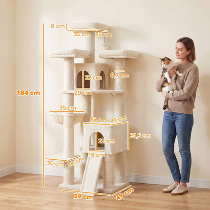 Large Cat Tree 184 cm with 5 Levels and Scratching Posts, 2 Caves, Beige