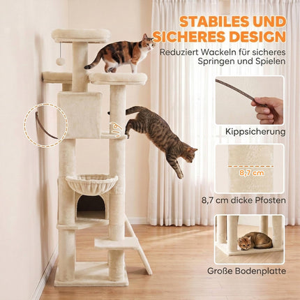 Large Cat Tree 184 cm with 5 Levels and Scratching Posts, 2 Caves, Beige
