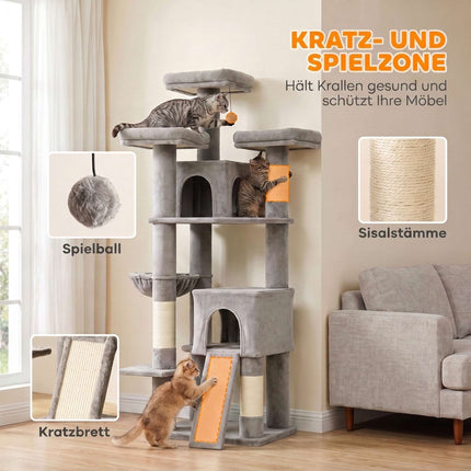 Large Cat Tree 184 cm with 5 Levels and Scratching Posts, 2 Caves, Light Grey