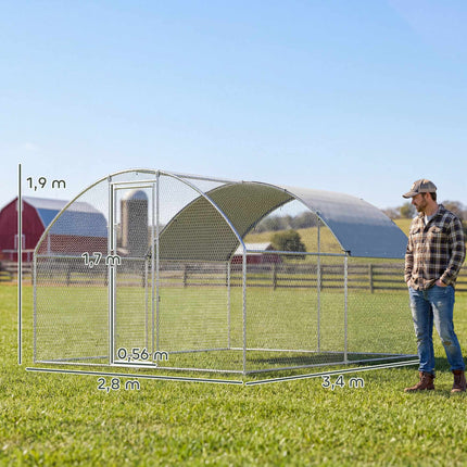 Large Chicken Run 2.8 x 3.4 x 1.9 m with Roof, Galvanised Steel, Silver