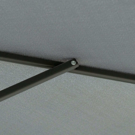 Didelis tamsiai pilkas terasos skėtis su stovu, metaliniu rėmu