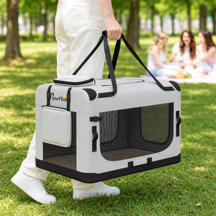 Large Foldable Dog Carrier for Pets Up To 25 kg, Safety Leash, Bowl, Light Grey