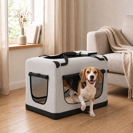Large Foldable Dog Carrier for Pets Up To 25 kg, Safety Leash, Bowl, Light Grey