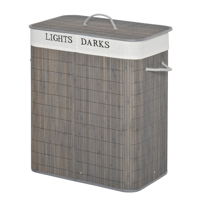 Skalbinių krepšys 100L su 2 skyriais iš bambuko, sulankstomu dangčiu su rankena, nuimamu ir skalbiamu pilku krepšiu
