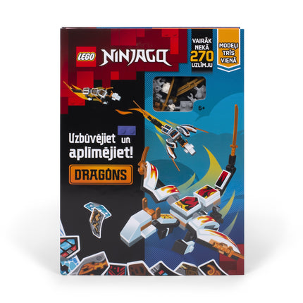 Lego Ninjago užduočių knyga „Konstruok ir klijuok: Drakonai“ (latvių kalba)
