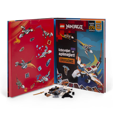 Lego Ninjago užduočių knyga „Konstruok ir klijuok: Drakonai“ (latvių kalba)