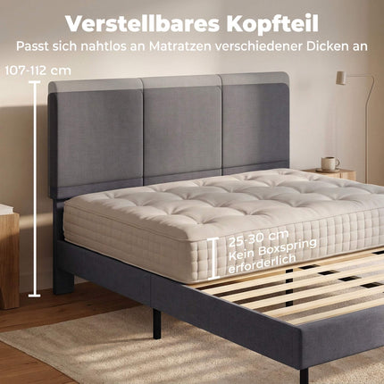 Linen-Look Bed Frame 140 x 200 cm with Adjustable Headboard, Dark Grey, 12 Slats