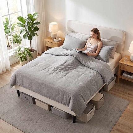 Linen-Look Double Bed 140 x 200 cm with Horizontal Headboard, Beige, 12 Slats