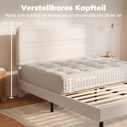 Linen-Look Double Bed 140 x 200 cm with Horizontal Headboard, Beige, 12 Slats